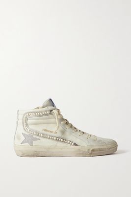 Golden Goose - Slide Embellished Distressed Glittered Leather And Suede High-top Sneakers - White