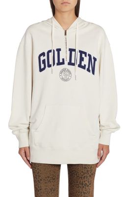 Golden Goose Varsity Logo Long Sleeve Hooded Sweatshirt Dress in Heritage White/Blue