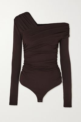 GOLDSIGN - The Fonteyn One-shoulder Ruched Ribbed Stretch-jersey Thong Bodysuit - Brown