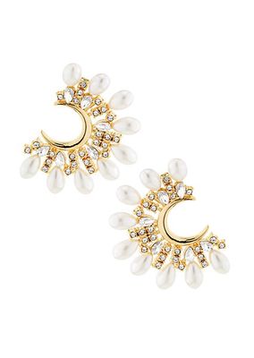 Goldtone, Imitation Pearl & Crystal C-Shaped Earrings