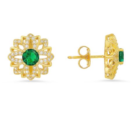 Goldtone Sterling Simulated Emerald Floral Stud Earrings