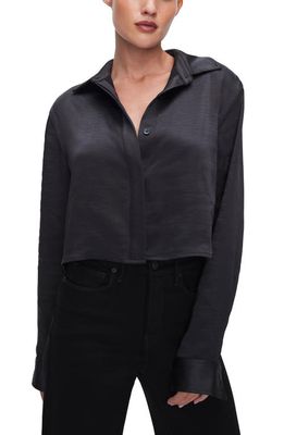 Good American Crop Satin Button-Up Shirt in Black001