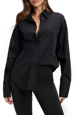 Good American Crystal Studded Oversize Stretch Poplin Shirt in Black001