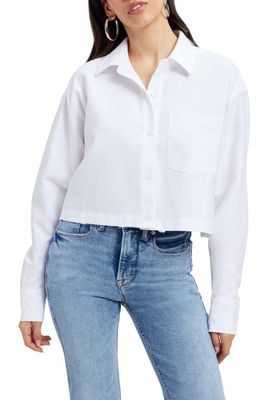 Good American Distressed Cotton Blend Crop Shirt in White001