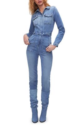 Good American Fit For Success Long Sleeve Denim Jumpsuit in Blue691