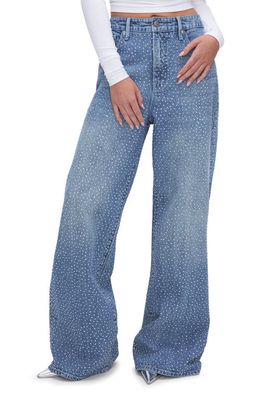 Good American Good Ease Crystal Embellished Wide Leg Jeans in Indigo592
