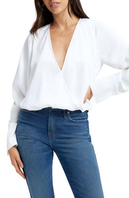 Good American Long Sleeve Stretch Satin Faux Wrap Top in Ivory001