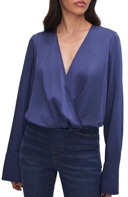 Good American Long Sleeve Washed Satin Wrap Front Bodysuit in Ink Blue