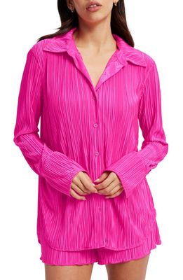 Good American Plissé Button-Up Shirt in Fuchsia Pink001
