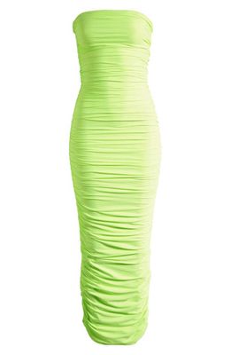 Good American Ruched Strapless Satin Midi Dress in Electric Lime002
