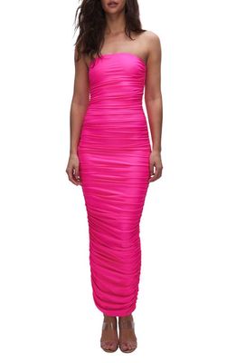 Good American Ruched Strapless Satin Midi Dress in Knockoutpink001