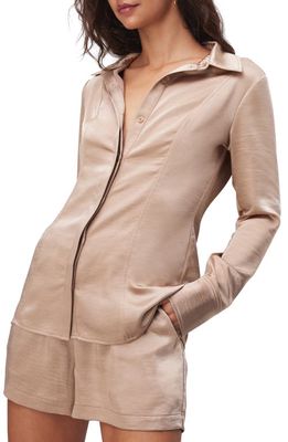 Good American Slim Fit Satin Tunic Shirt in Champagne005