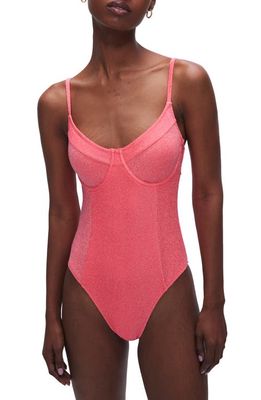 Good American Sparkle Show Off Underwire One-Piece Swimsuit in Fiery Coral 002
