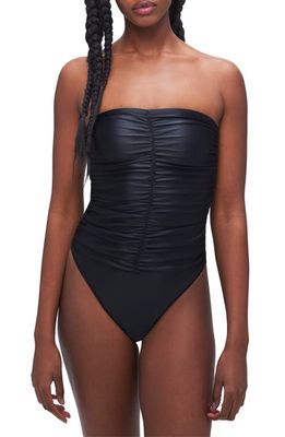 Good American Strapless Ruched One-Piece Swimsuit in Black001