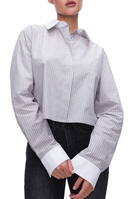 Good American Stripe Crop Button-Up Shirt in Grey Stripe005