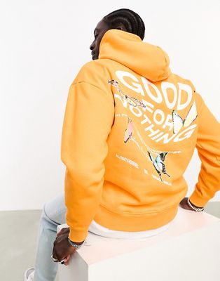 Good For Nothing oversized hoodie in orange with warped butterfly and logo back print