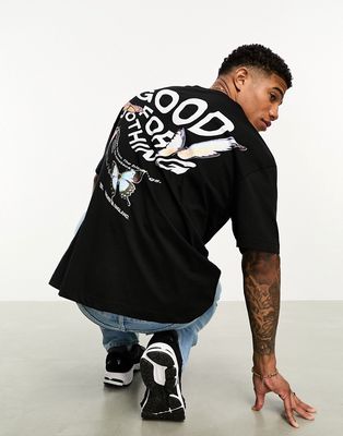 Good For Nothing oversized T-shirt in black with warped butterfly and logo back print
