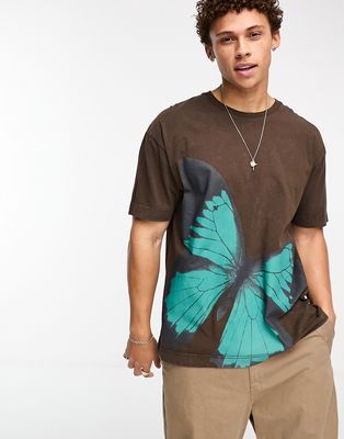 Good For Nothing oversized t-shirt in brown with large butterfly print