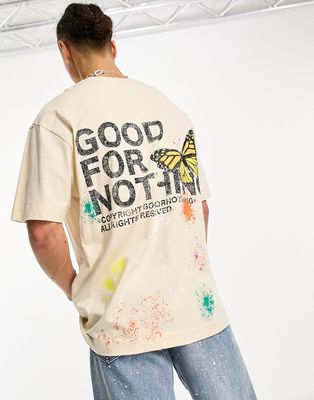 Good For Nothing oversized t-shirt in cream chest and back logo print with paint splatter-White