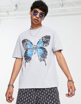 Good For Nothing oversized t-shirt in light gray acid wash with city and butterfly print