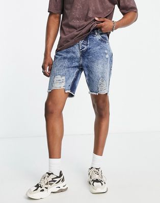 Good For Nothing shredded acid blue denim shorts