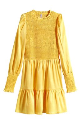 Good Luck Girl Kids' Smocked Long Sleeve Tiered Satin Dress in Yellow