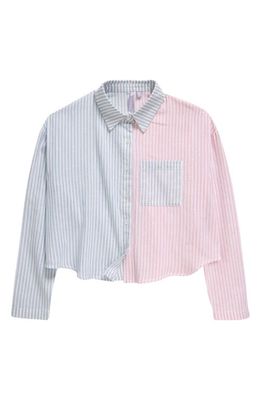 Good Luck Girl Kids' Stripe Two-Tone Button-Up Shirt in Blue/Pink