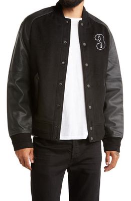 Good Man Brand Men's The Legacy Leather Sleeve Wool Blend Varsity Jacket in Black