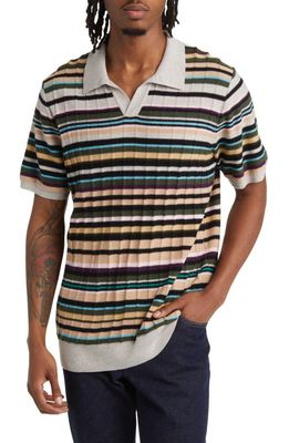 Good Man Brand Stripe Ribbed Short Sleeve Sweater Polo in Oatmeal Multi Stripe