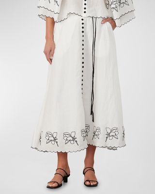 Grace Floral-Embroidered Seersucker Midi Skirt