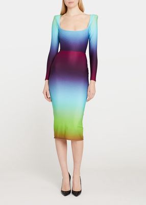 Gradient-Print Strong-Shoulder Midi Dress