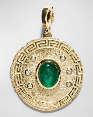 Greek Pattern Emerald & Diamond Large Coin Pendant