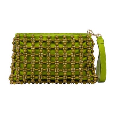 Green satin flat pouch with beads