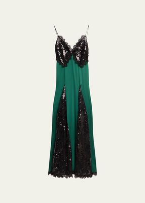 Green Silk and Black Sequin Dress with Godet Lace Ruffle Details