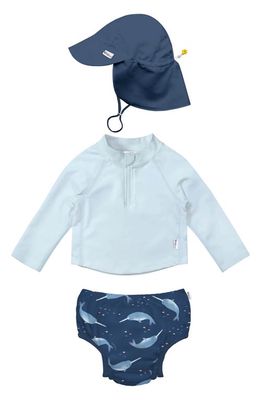 Green Sprouts Long Sleeve Two-Piece Rashguard Swimsuit & Sun Hat Set in Navy Narwhal 