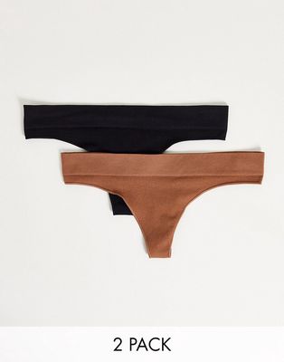 Green Treat 2 pack seam free rib thongs in latte and black-Brown