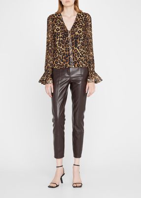Greer Pleated-Sleeve Leopard-Print Top