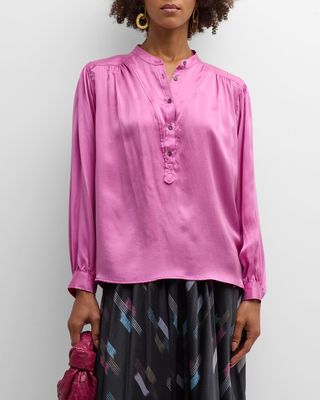 Greer Ruched Button-Front Silk Blouse