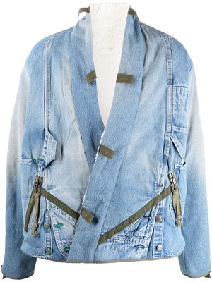 Greg Lauren contrasting-trim wrap denim jacket - Blue