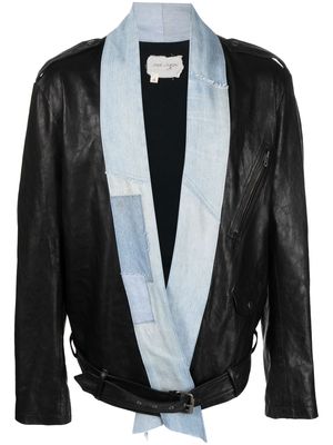 Greg Lauren denim-trim leather jacket - Black