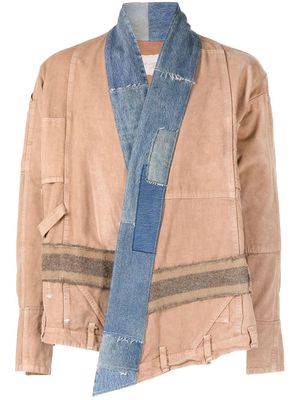 Greg Lauren patchwork-design denim-trim jacket - Brown