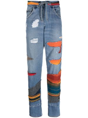 Greg Lauren patchwork mid-rise tapered jeans - Blue