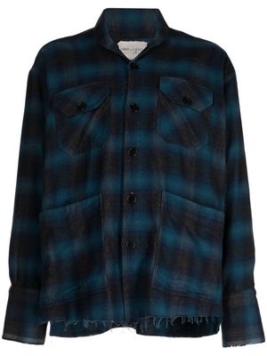 Greg Lauren plaid check-pattern frayed-hem shirt - Blue