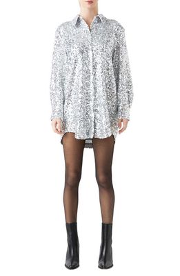 Grey Lab Sequin Long Sleeve Mini Shirtdress in Silver