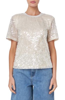 Grey Lab Sequin Padded Shoulder Back Cutout Top in Nude Pink