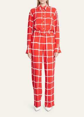 Grid-Print Wide Pajama Pants
