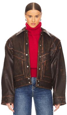GRLFRND Jayden Distressed Leather Jacket in Brown