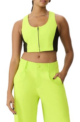 GSTQ Luxe Colorblock Crop Zip-Up Vest in Acid Lime