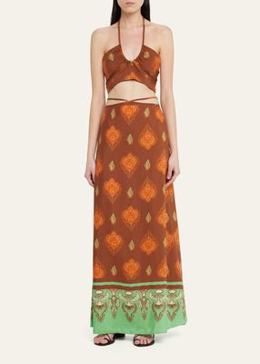 Guardian Of Wisdom Printed Maxi Skirt with Crop Top