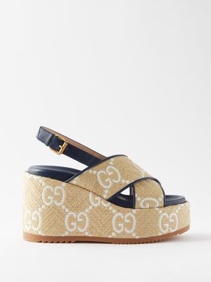 Gucci - Angelina Gg-monogram Canvas Wedge Sandals - Womens - Cream Multi